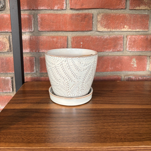 White ceramic pot with decorative fern patterns on a wooden surface against a brick wall.