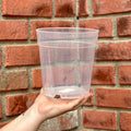 A hand holding a clear 7 inch wide plastic nursery pot in front of a red brick wall background at Paisley Gardens in Northfield, MN.