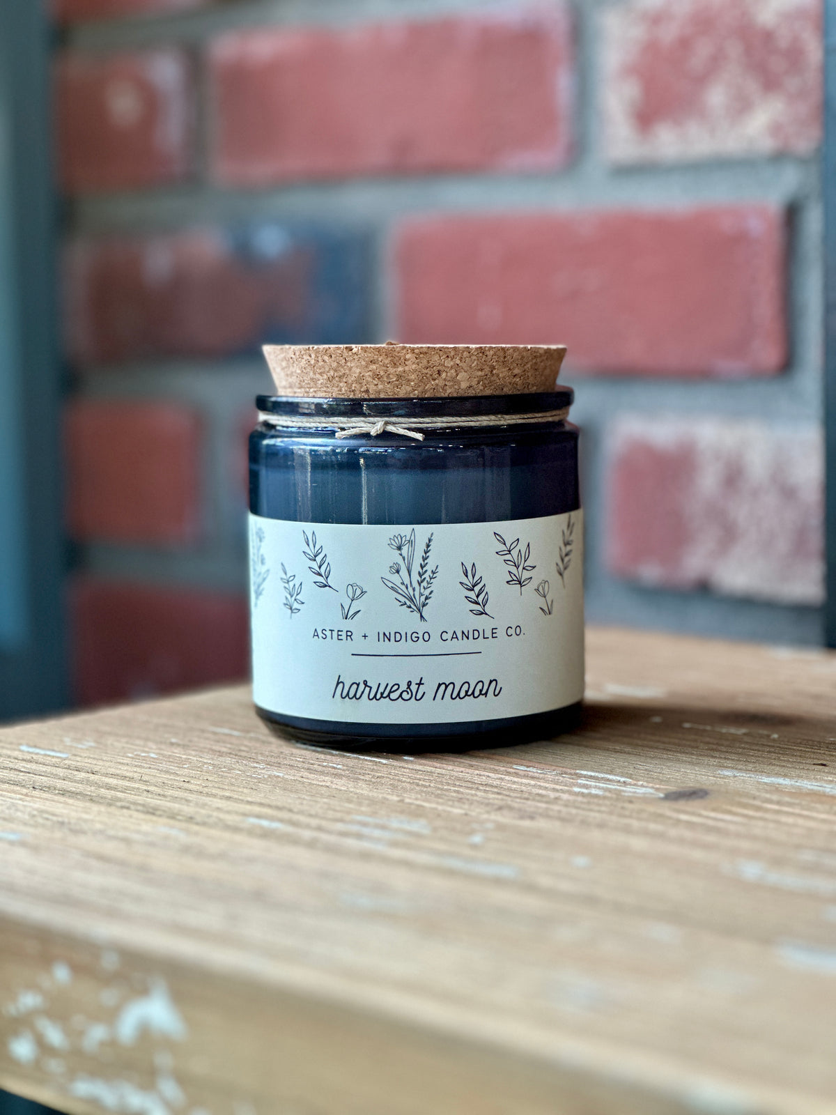 A dark glass jar candle with a cork lid and a cream label reading 'Harvest Moon' and 'ASTER + INDIGO CANDLE CO', placed on a wooden surface with a blurred red brick wall background at Paisley Gardens in Northfield, MN