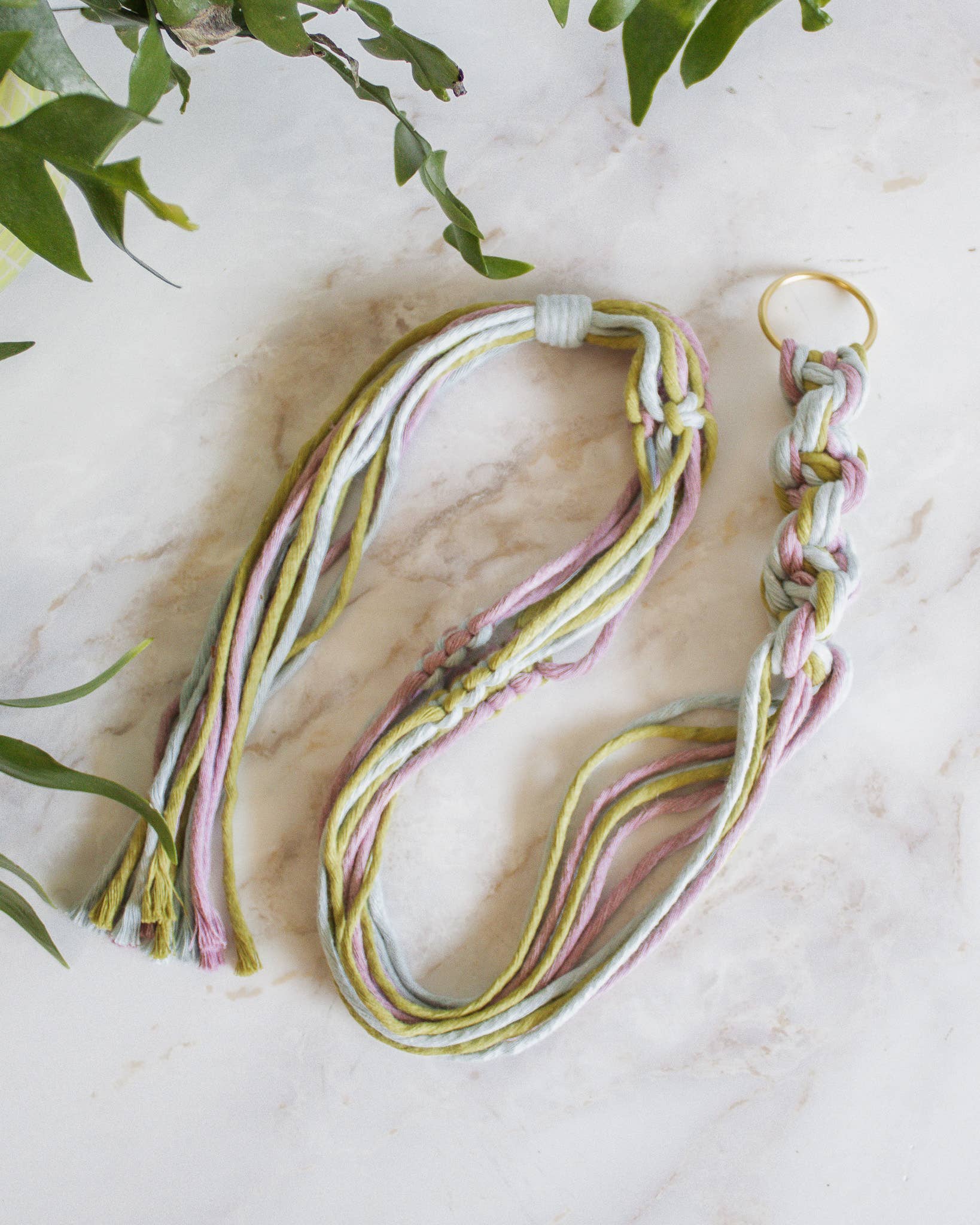 Multicolored braided macrame plant hanger on a marble surface with green leaves at Paisley Gardens in Northfield, MN.