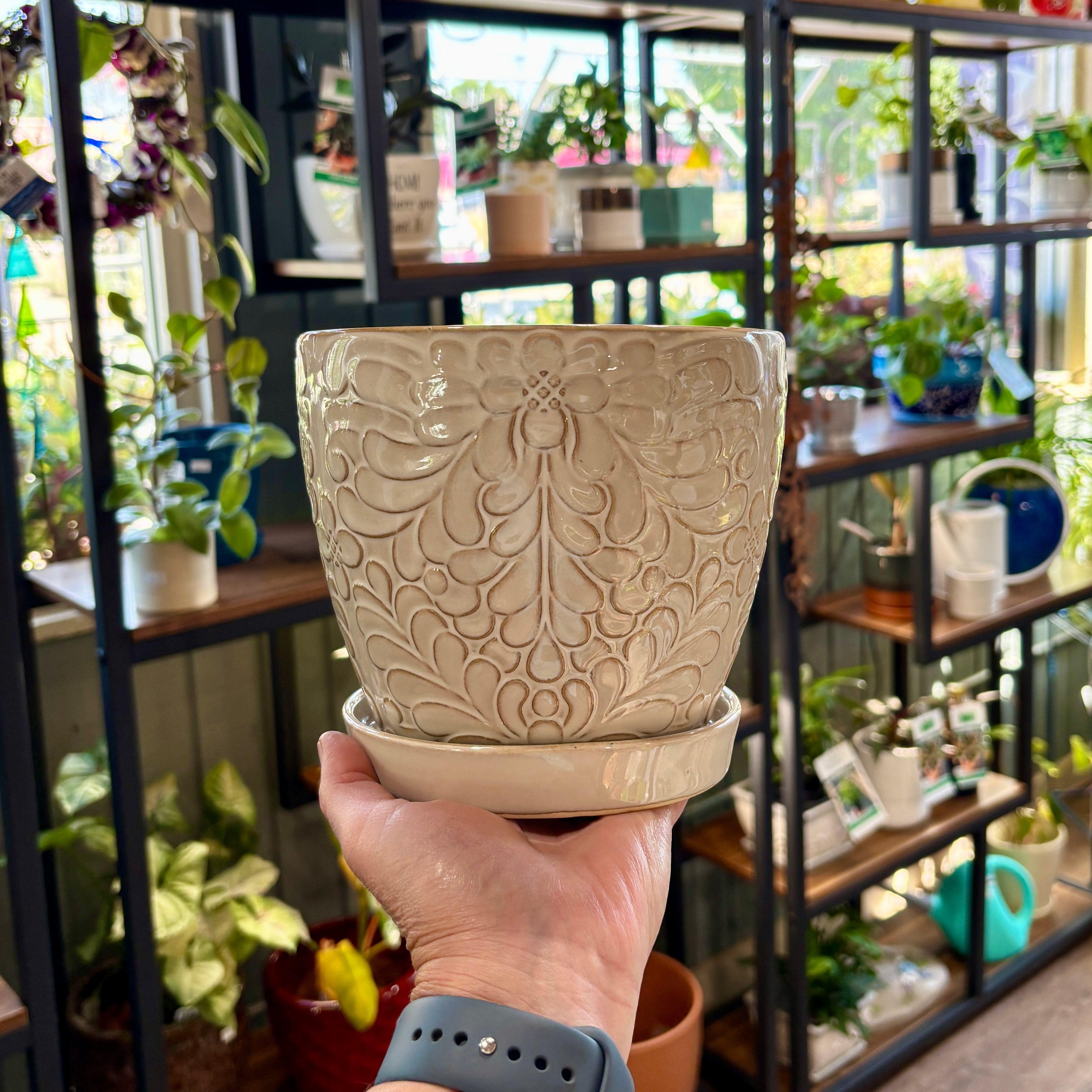 White Floral Planter w/ Attached Saucer | 5" Tall x 6" Diameter