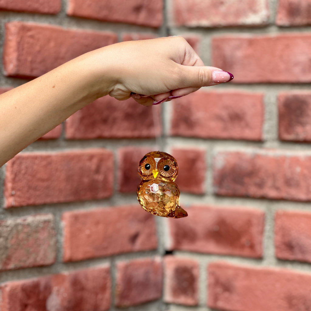 A hand with pink nail polish holds a small, faceted amber owl against a red brick wall background at Paisley Gardens in Northefield, MN.