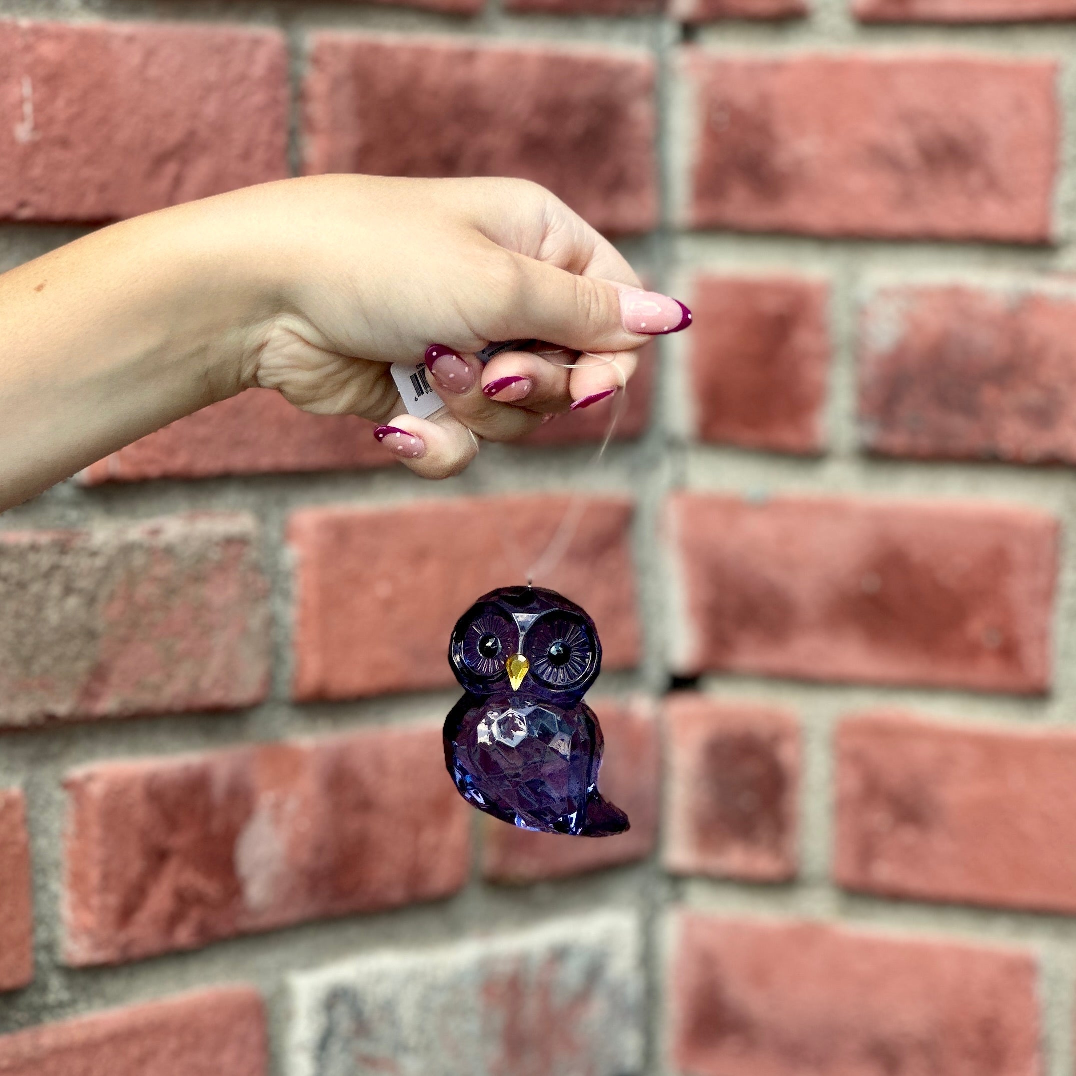 A hand with pink manicured nails holds a small blue owl-shaped faceted ornament against a blurred red brick wall background at Paisley Gardens in Northfield MN