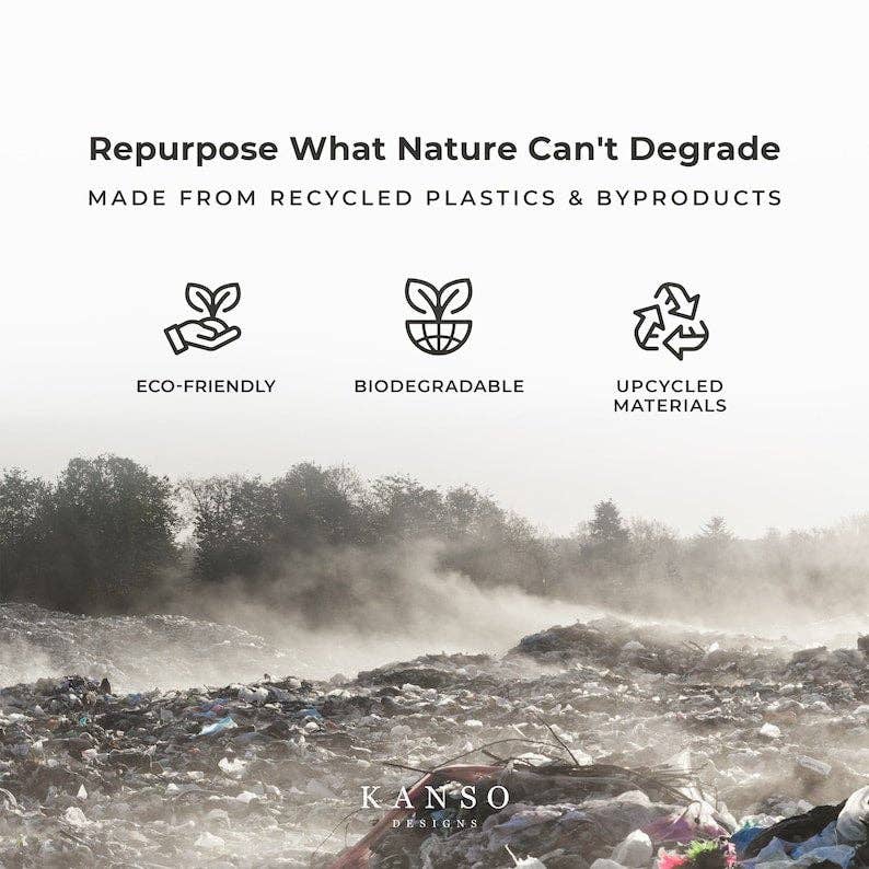 A brochure featuring a polluted river with text 'Repurpose What Nature Can't Degrade' and Kanso Designs logo at Paisley Gardens in Northfield, MN.