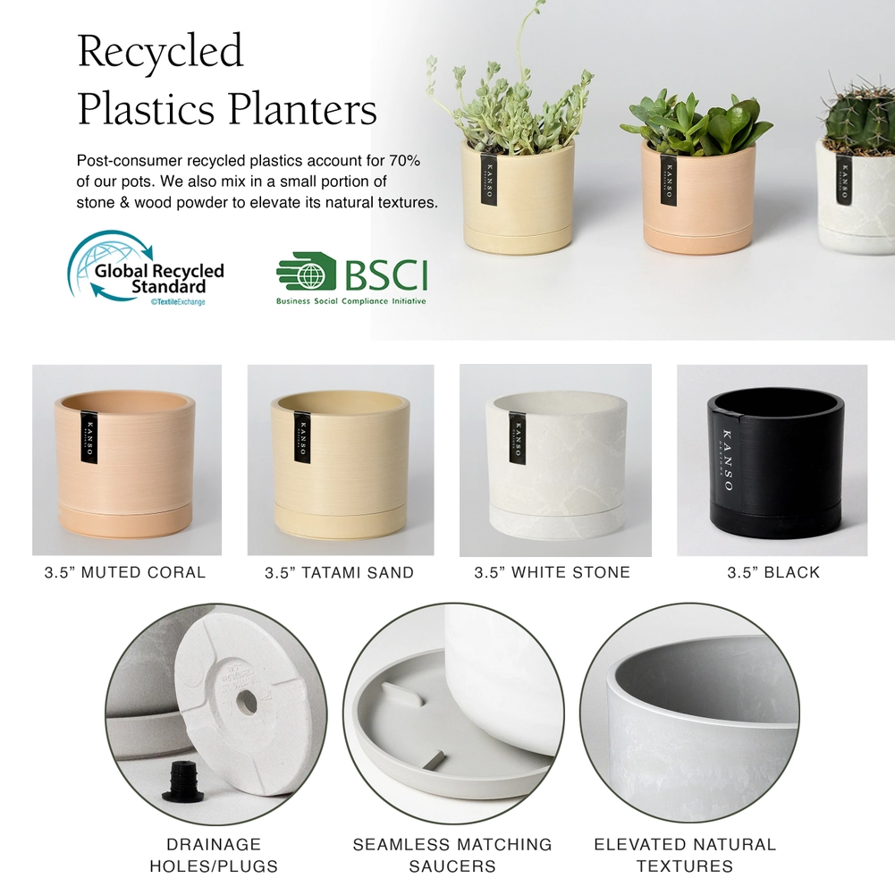 Recycled plastics planters with various colors and textures on a white background at Paisley Gardens in Northfield, MN.