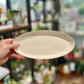 A hand holding a oblong, shallow tray in soft white against a softly blurred indoor background with shelves and plants at Paisley Gardens in Northfield, MN.