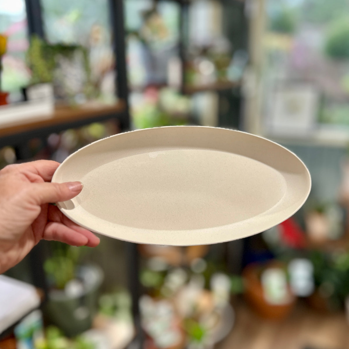 A hand holding a oblong, shallow tray in soft white against a softly blurred indoor background with shelves and plants at Paisley Gardens in Northfield, MN.