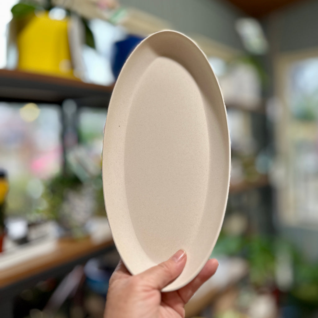 A hand holding an oval, soft white tray plate in a softly blurred indoor setting with shelves and plants in the background at Paisley Gardens in Northfield, MN.