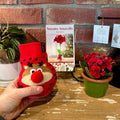 A hand holds a waxed Amaryllis with a red knit reindeer Christmas sweater over the bulb set against a rustic brick wall background with a plant, a card, and a potted flower at Paisley Gardens in Northfield, MN.