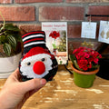 A hand holding a waxed amaryllis bulb wrapped in a Santa sweater with a picture of the red blooming amaryllis in the background at Paisley Gardens in Northfield, MN.