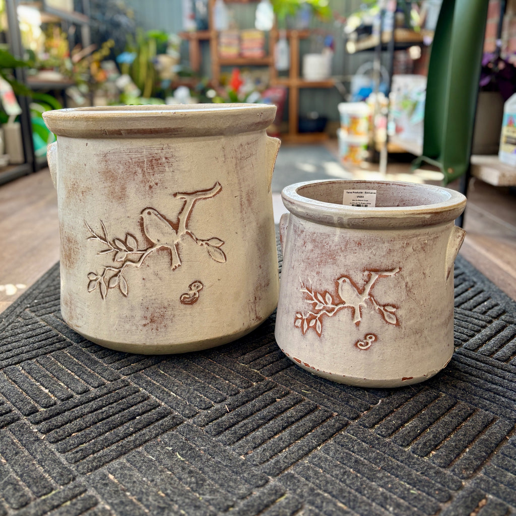 15" Birds On Branch Rustic White Crock Planter