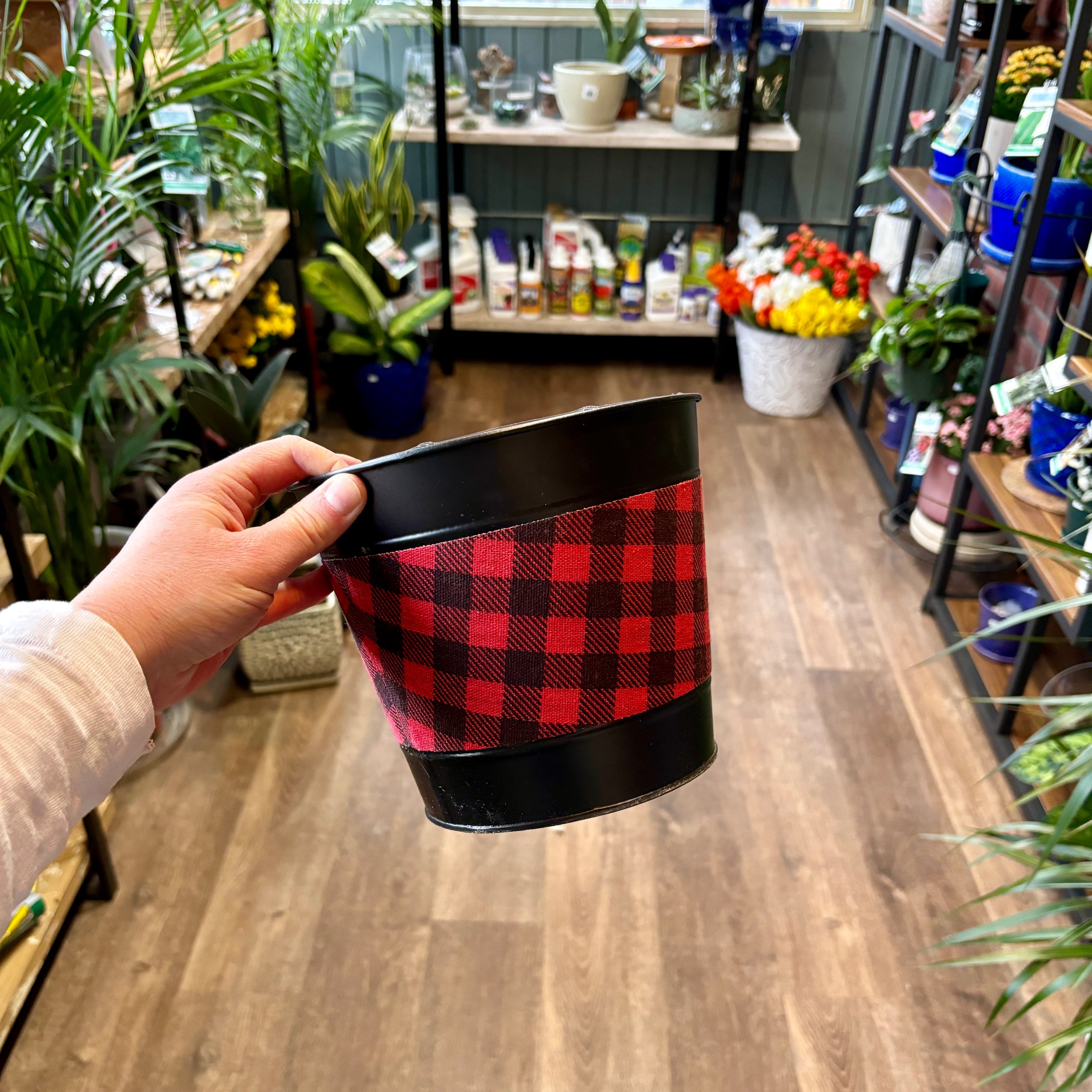 Black Metal Container With Buffalo Plaid 6.5"