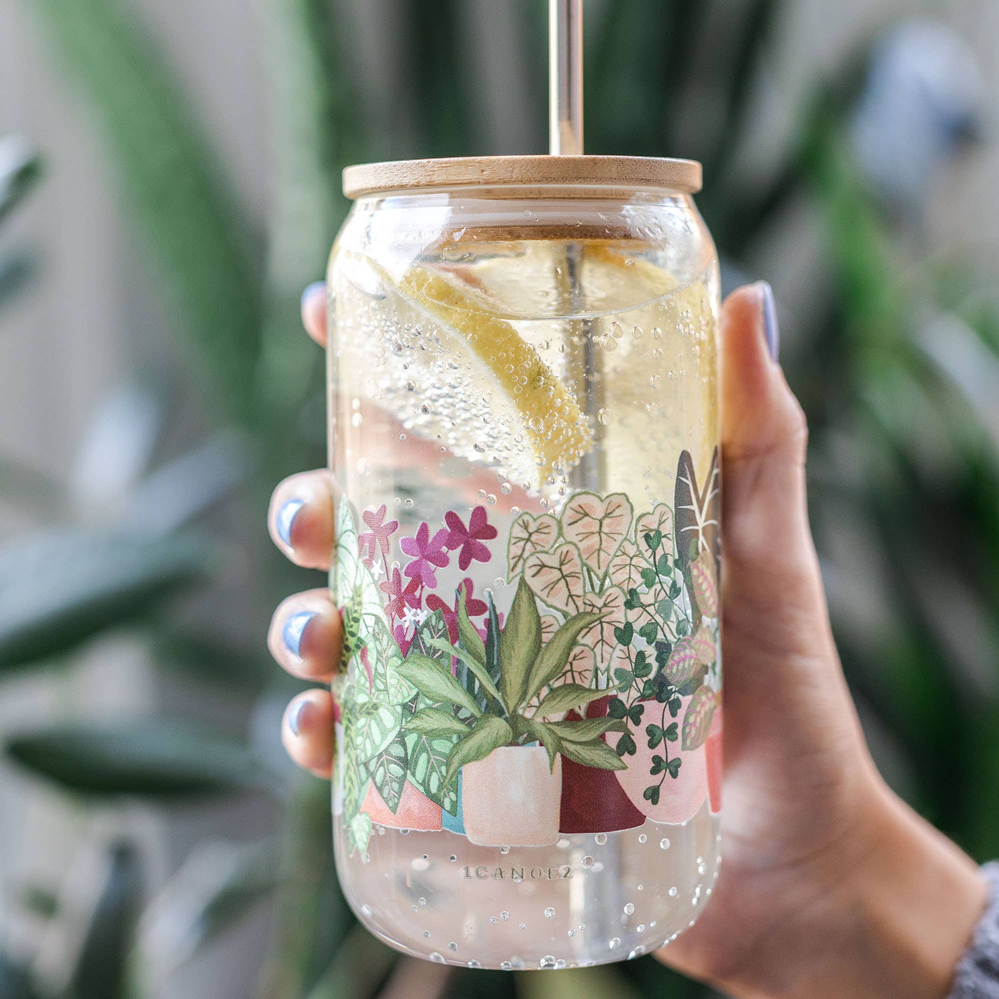 Houseplants Glass Drinkware With Bamboo Lid