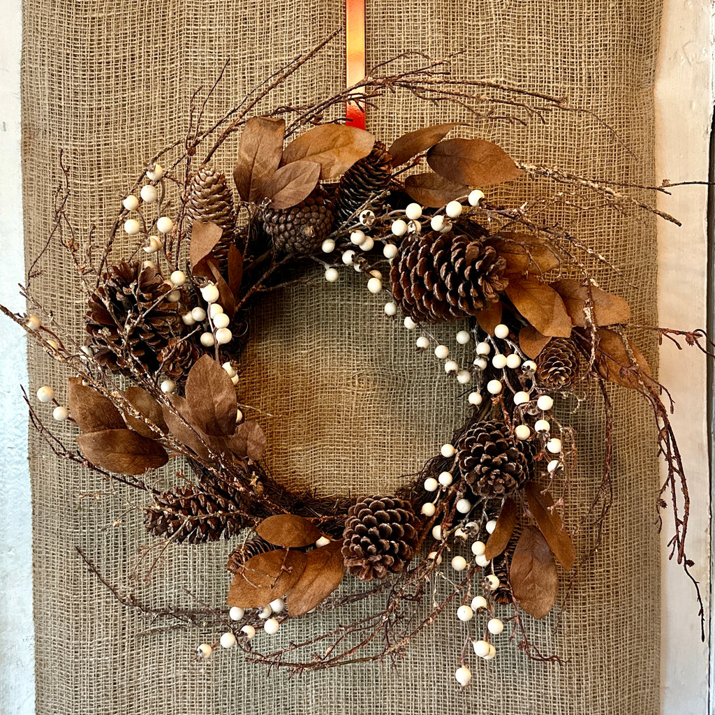 Cream Berry And Pinecone Faux Wreath