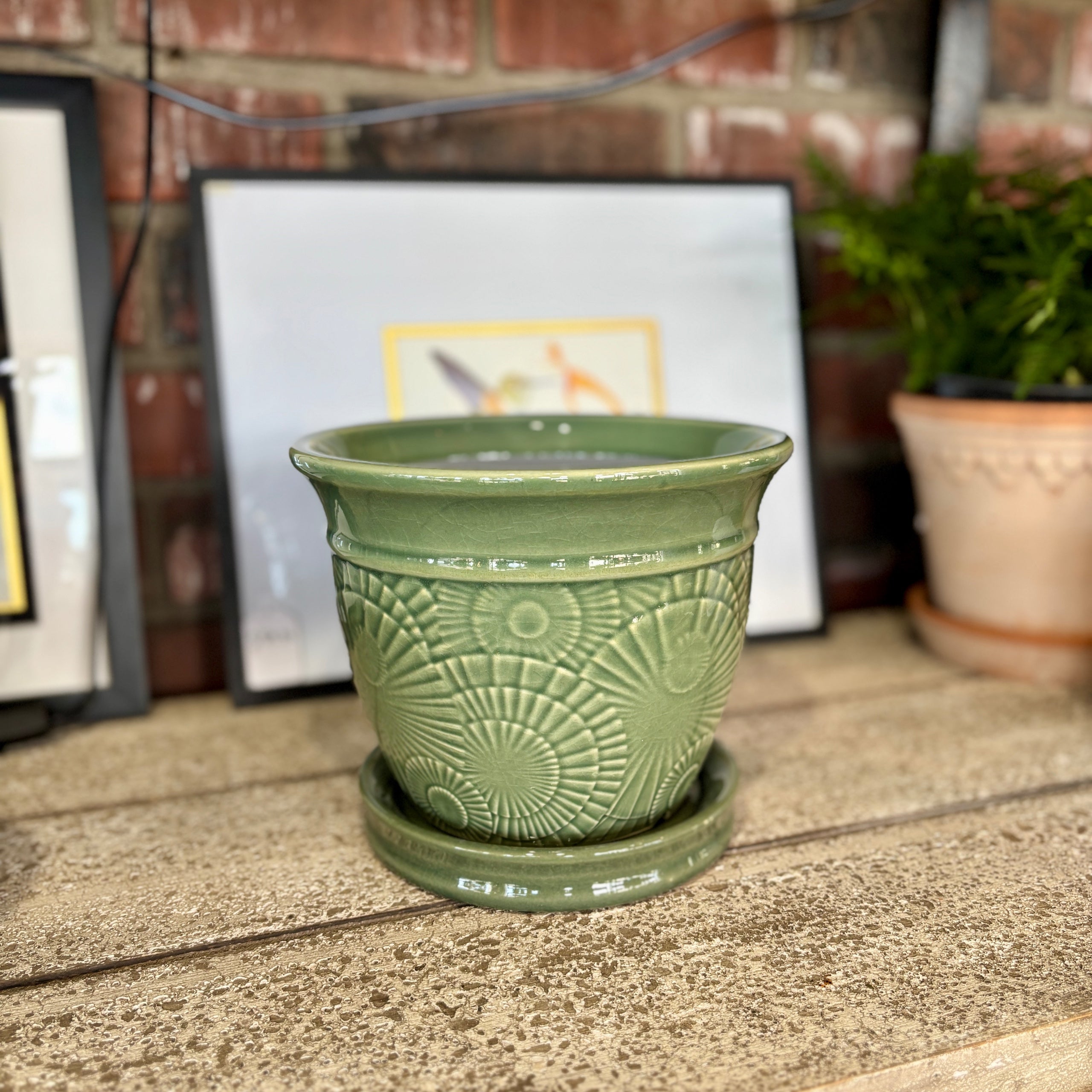 8" Celadon Annandale Pot W/ Attached Saucer