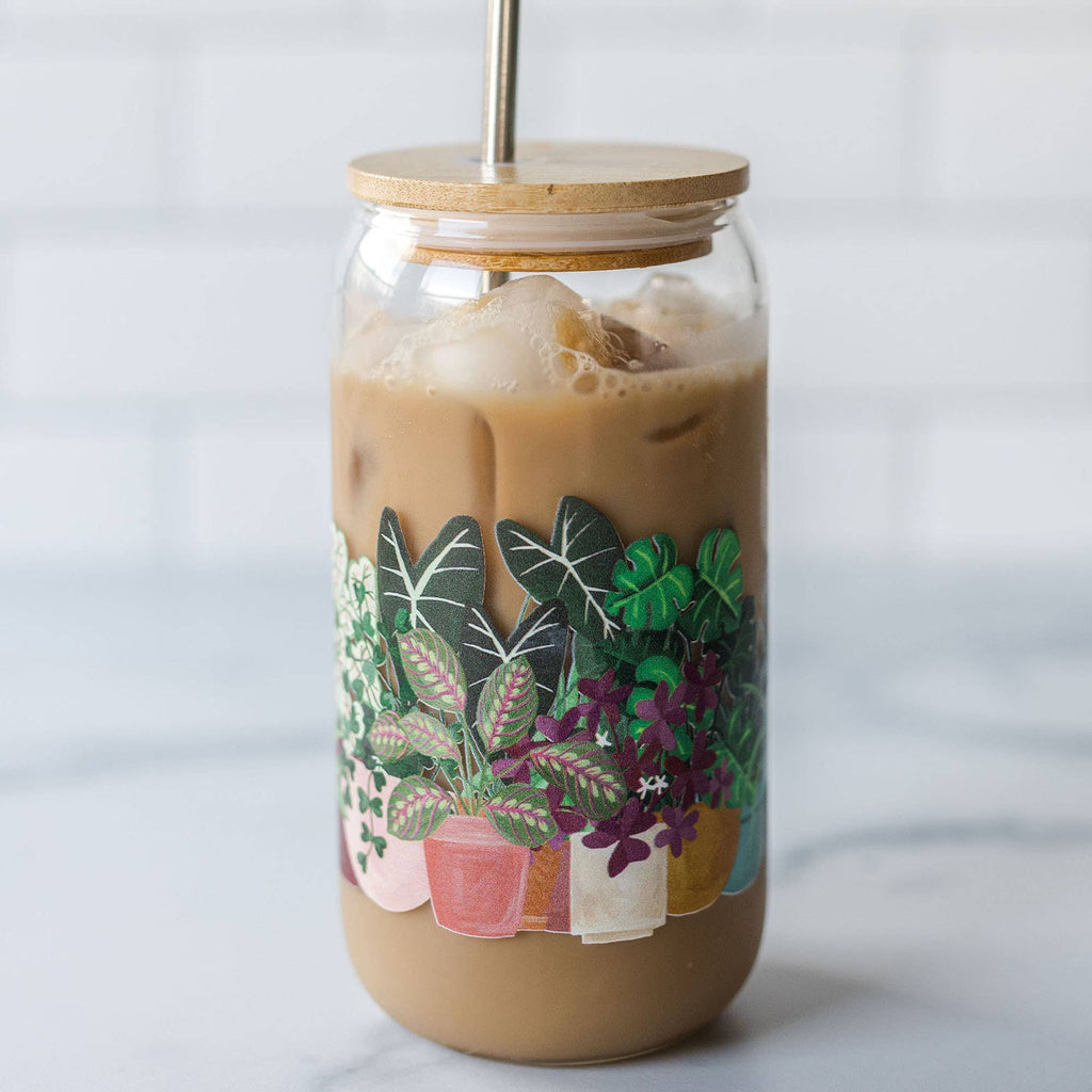 Houseplants Glass Drinkware With Bamboo Lid