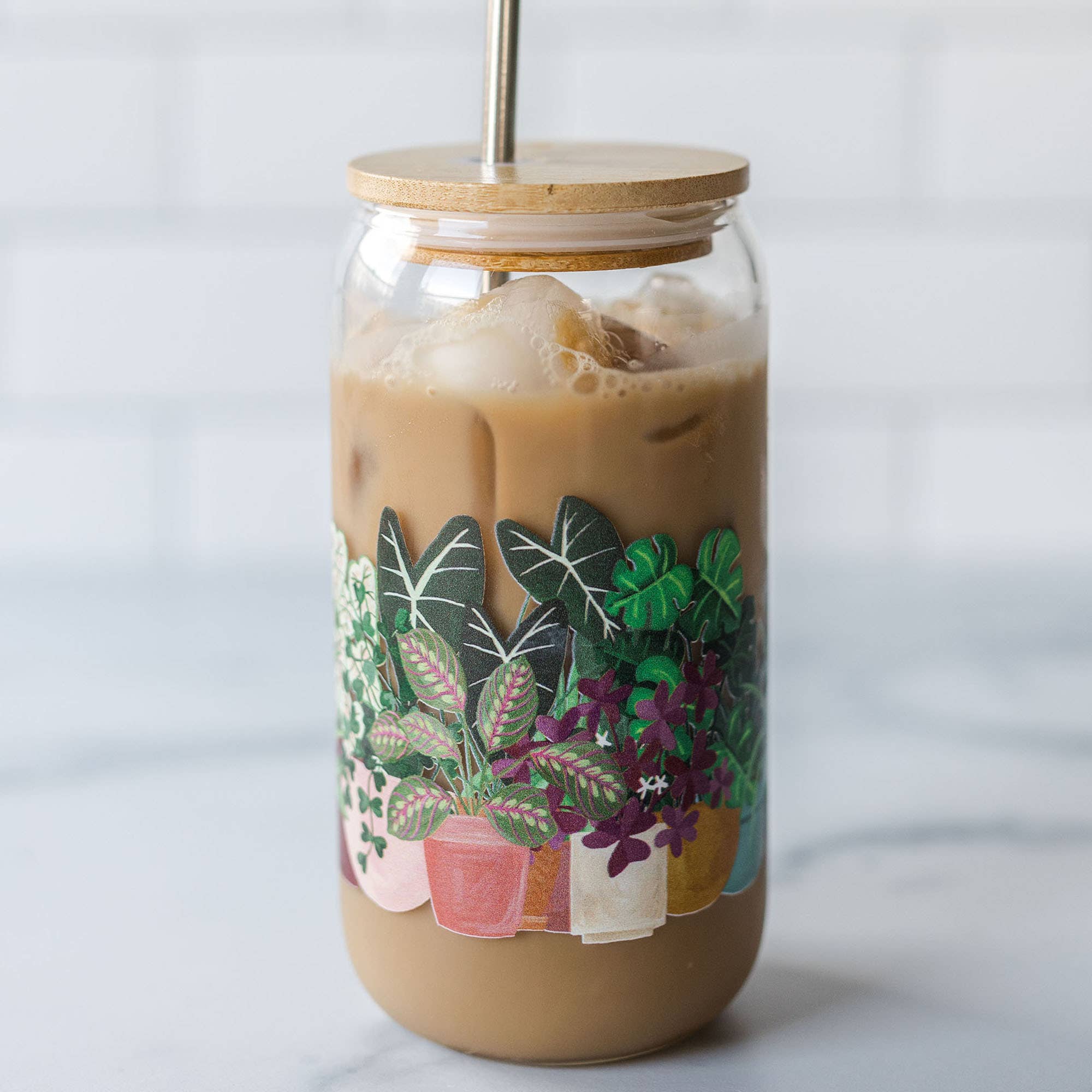 Houseplants Glass Drinkware With Bamboo Lid