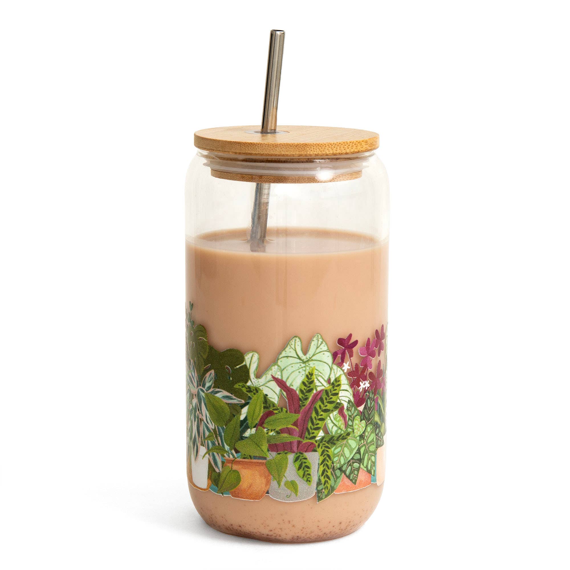 Houseplants Glass Drinkware With Bamboo Lid