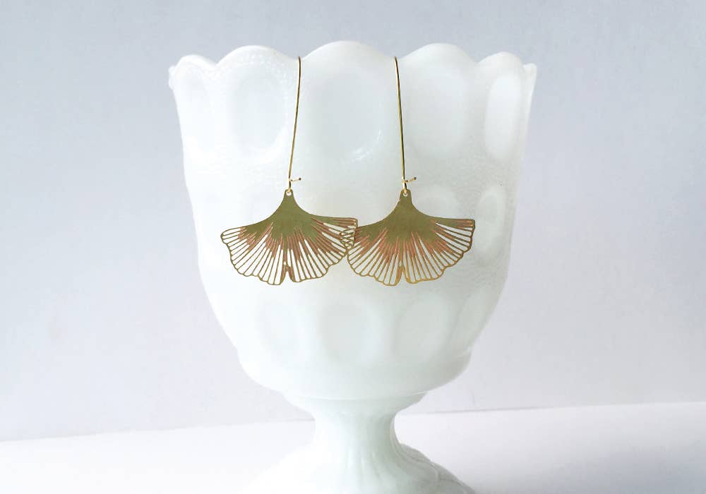 Ginkgo Biloba Leaf Earrings: Gold, Long Ear Wires