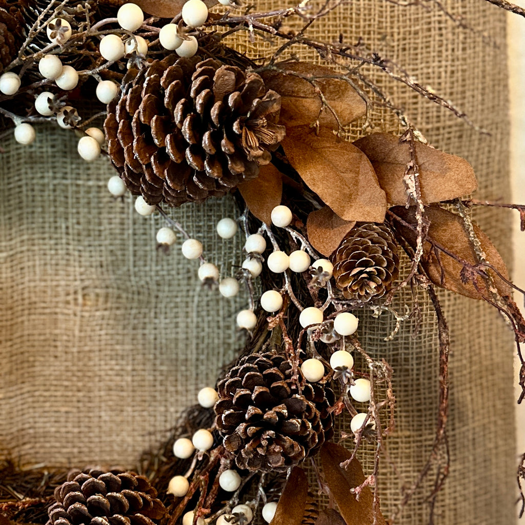 Cream Berry And Pinecone Faux Wreath