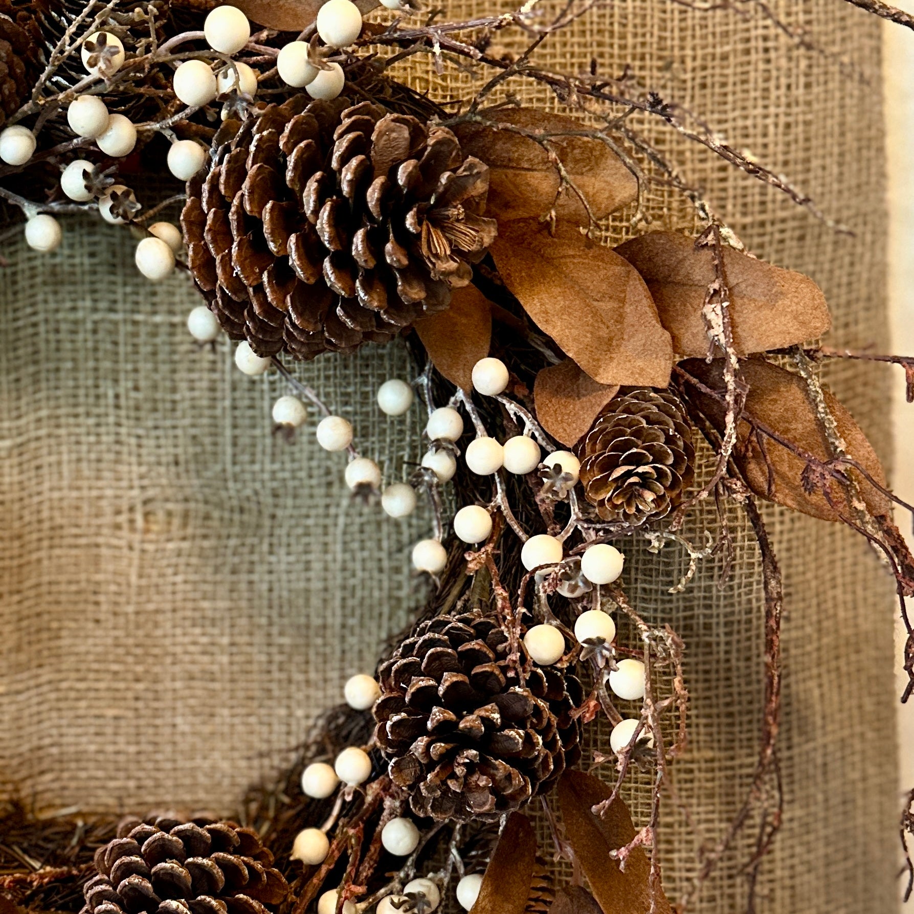 Cream Berry And Pinecone Faux Wreath