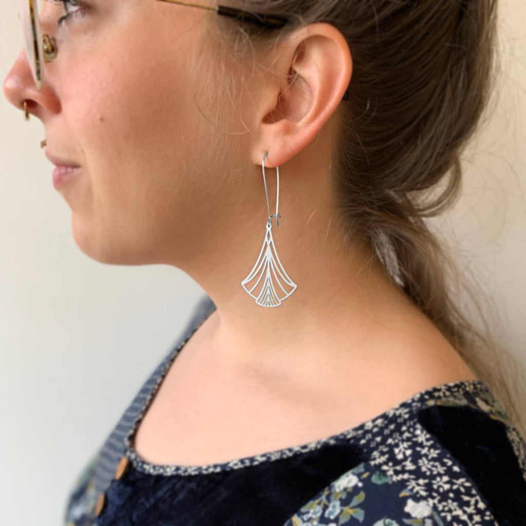 Art Nouveau Triangle Earrings: Silver, Short Ear Wires
