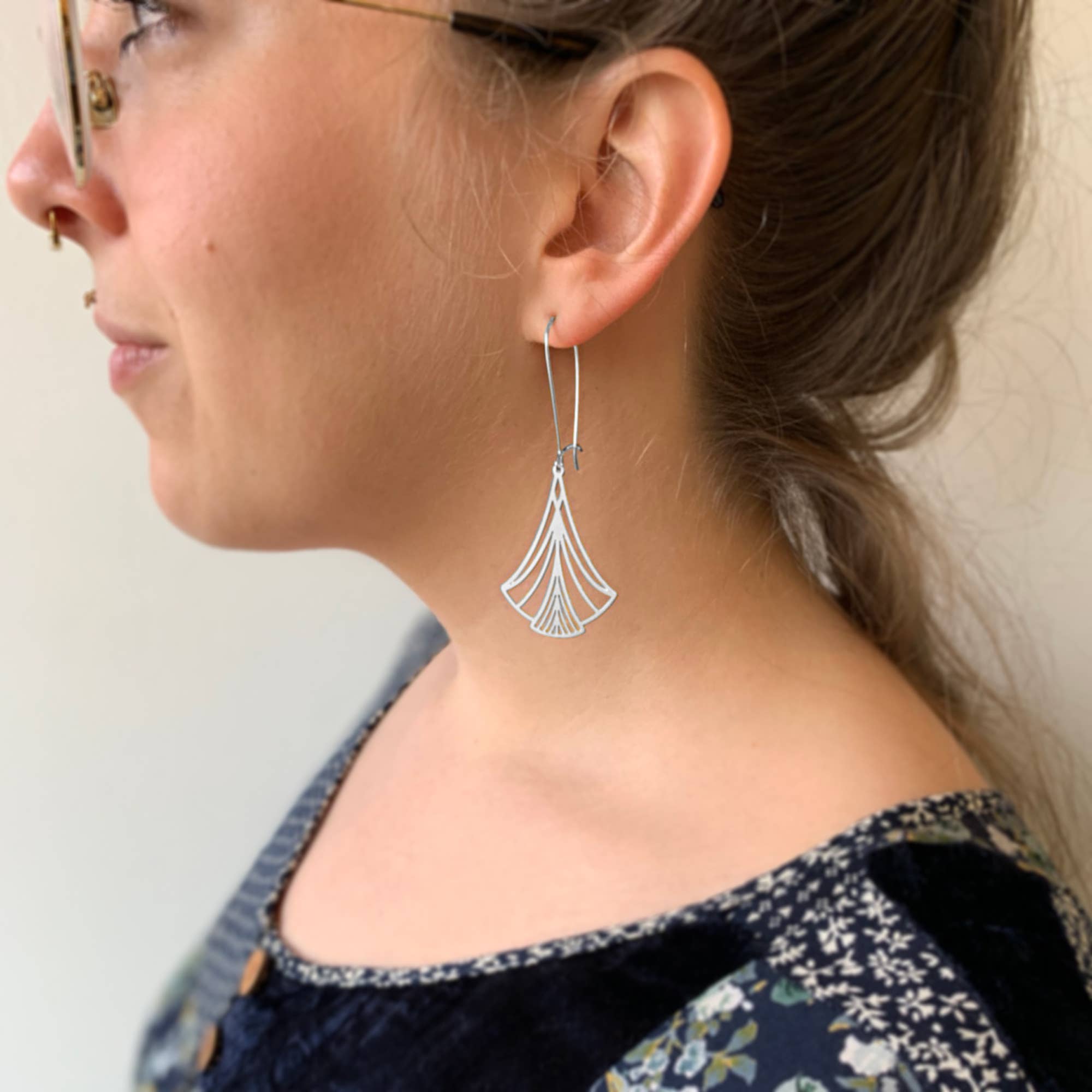 Art Nouveau Triangle Earrings: Silver, Short Ear Wires