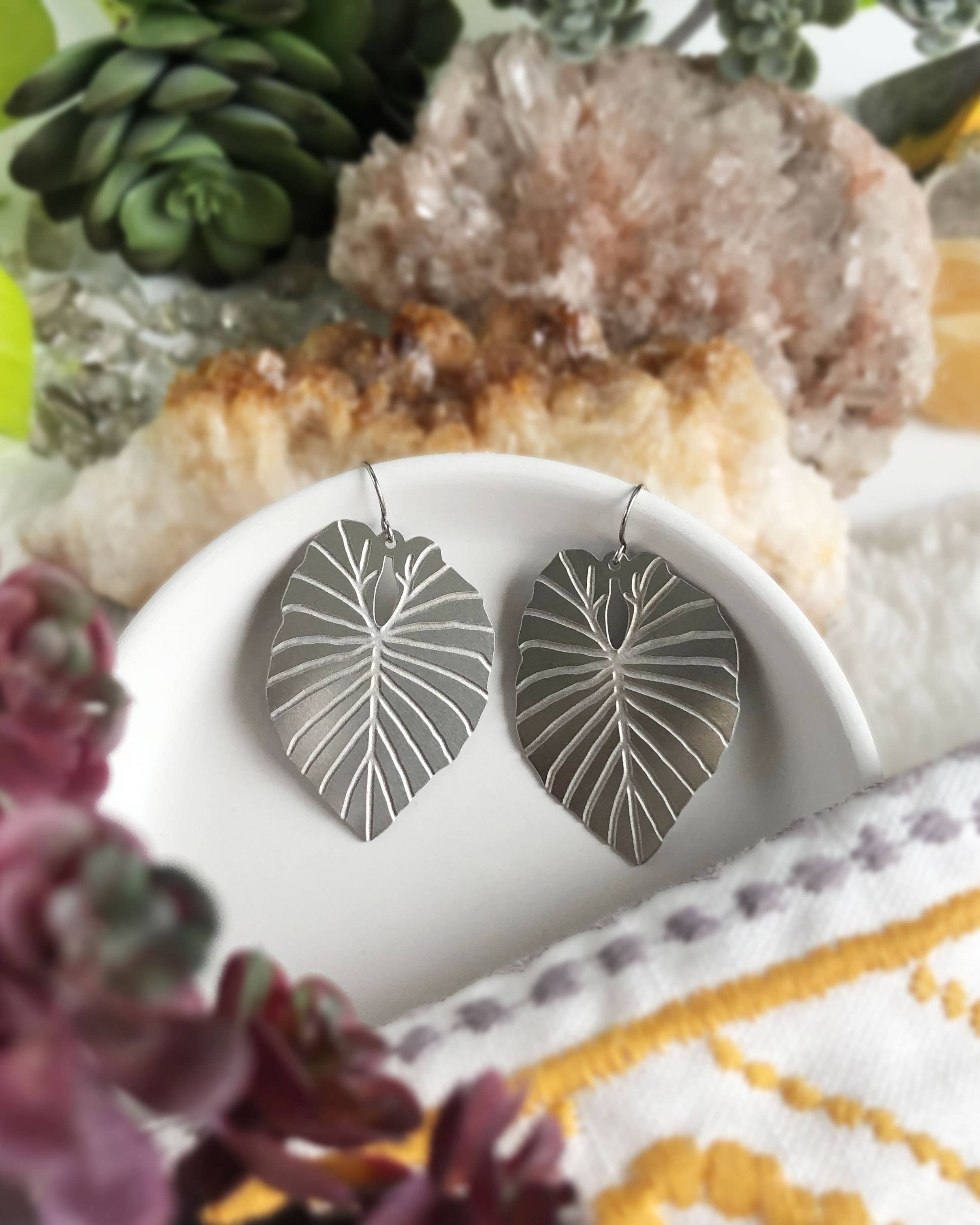 Alocasia Leaf Earrings: Silver, Short Ear Wires