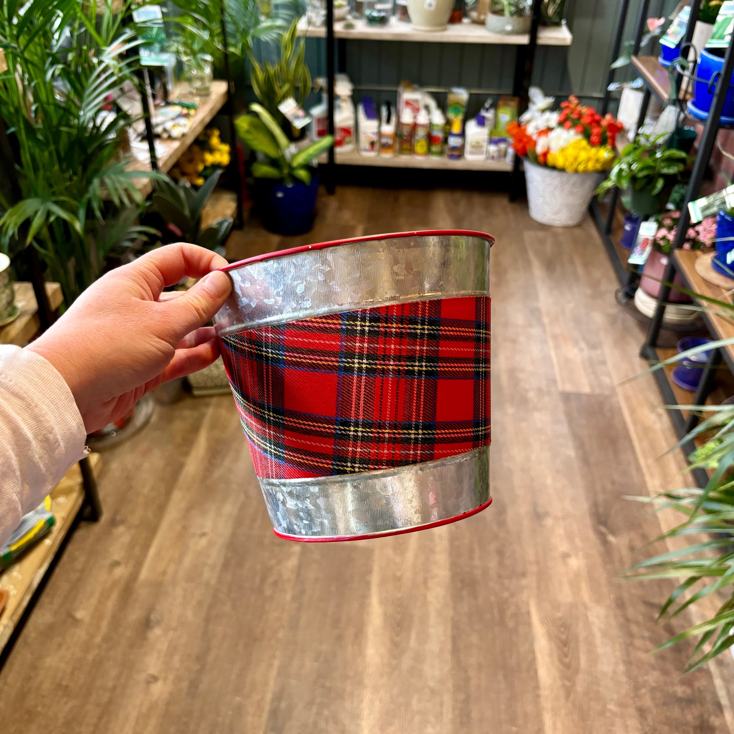 Metal Container With Red Tartan Plaid 6.5"H 5"D