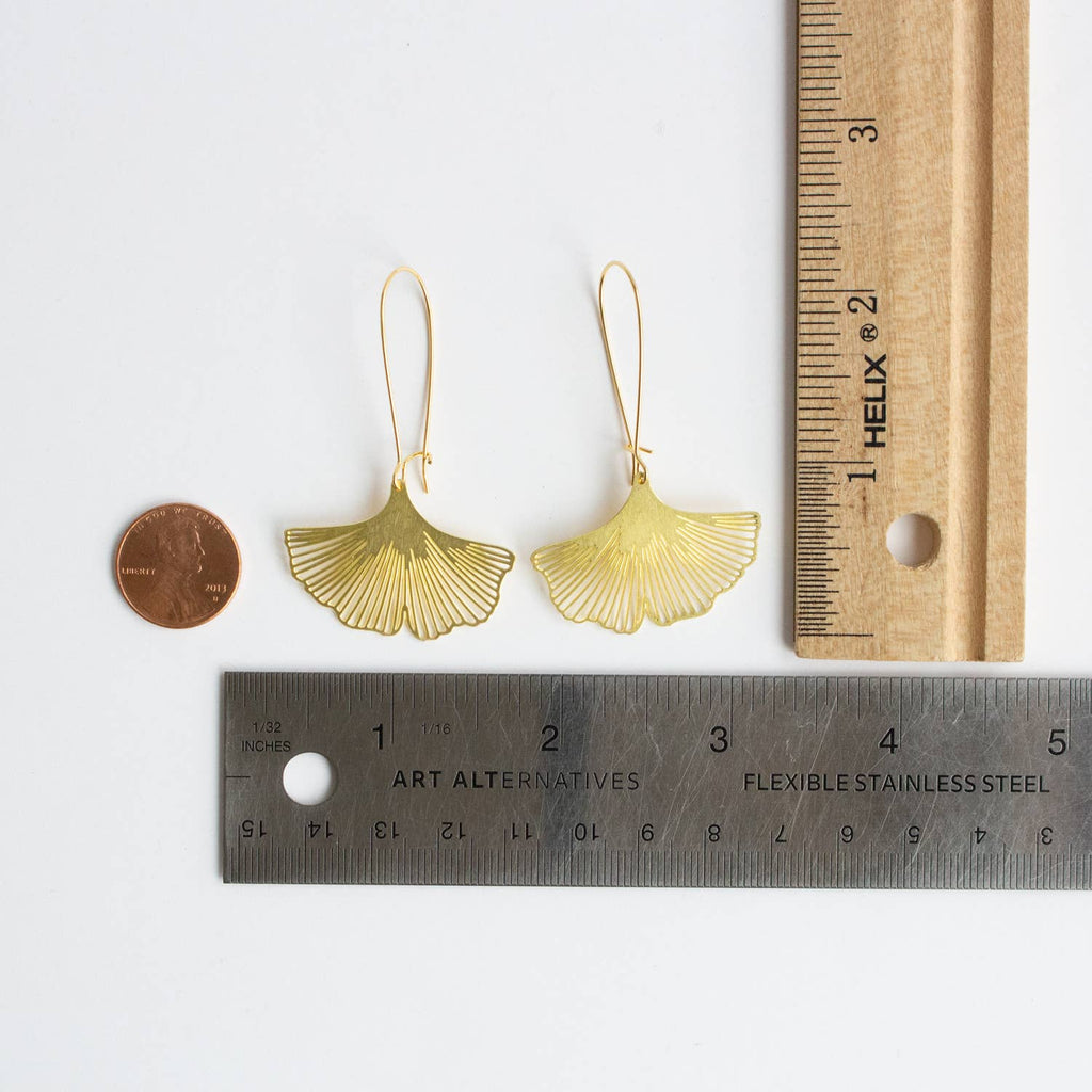 Ginkgo Biloba Leaf Earrings: Gold, Long Ear Wires