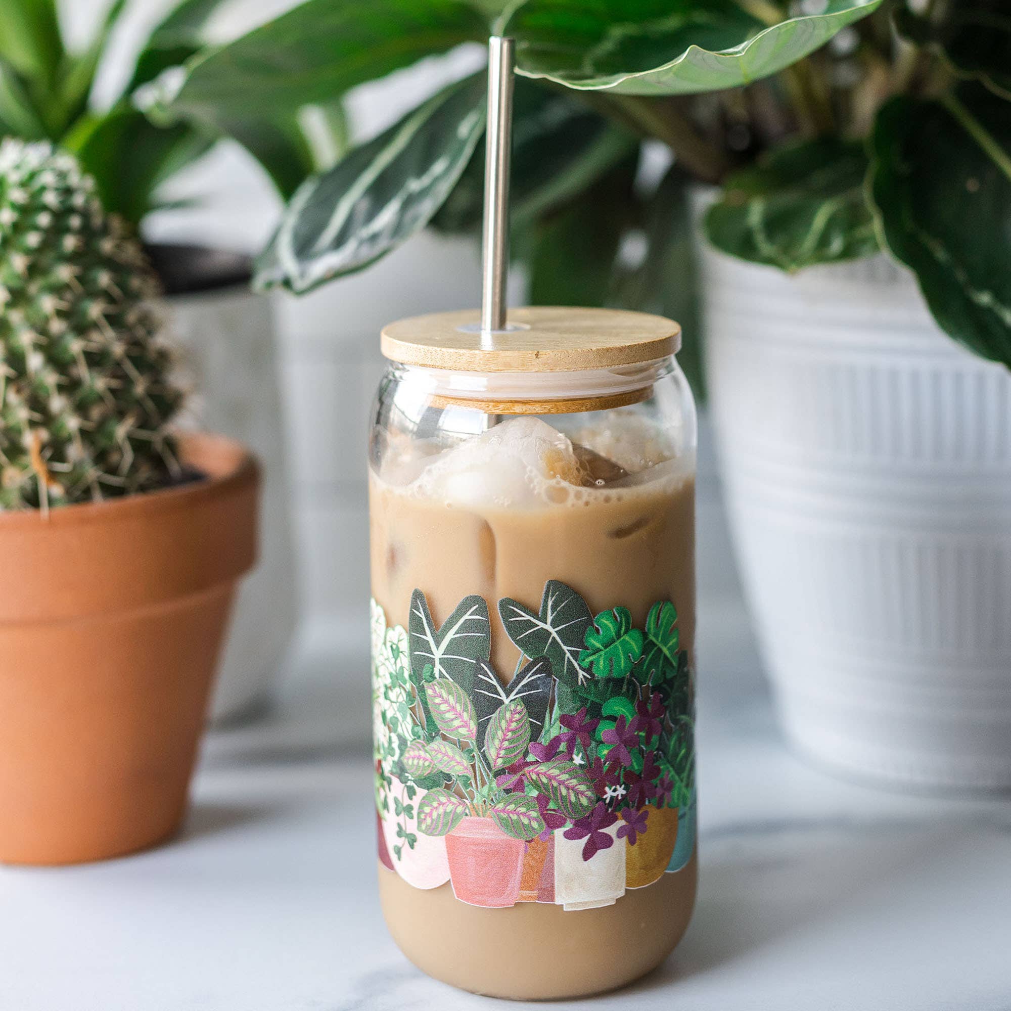 Houseplants Glass Drinkware With Bamboo Lid