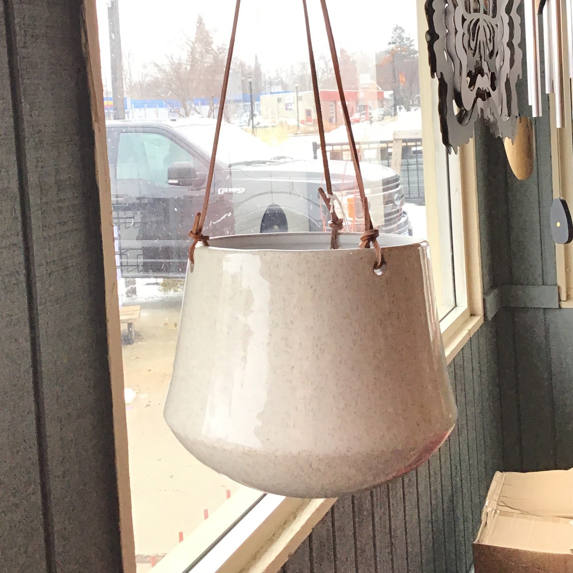 Hanging Pot, White Glazed Ceramic W/ Leather
