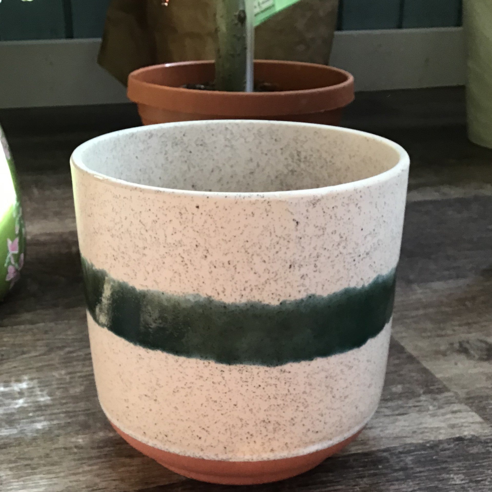 Off White Pot With Green Stripe 5.25 X 5
