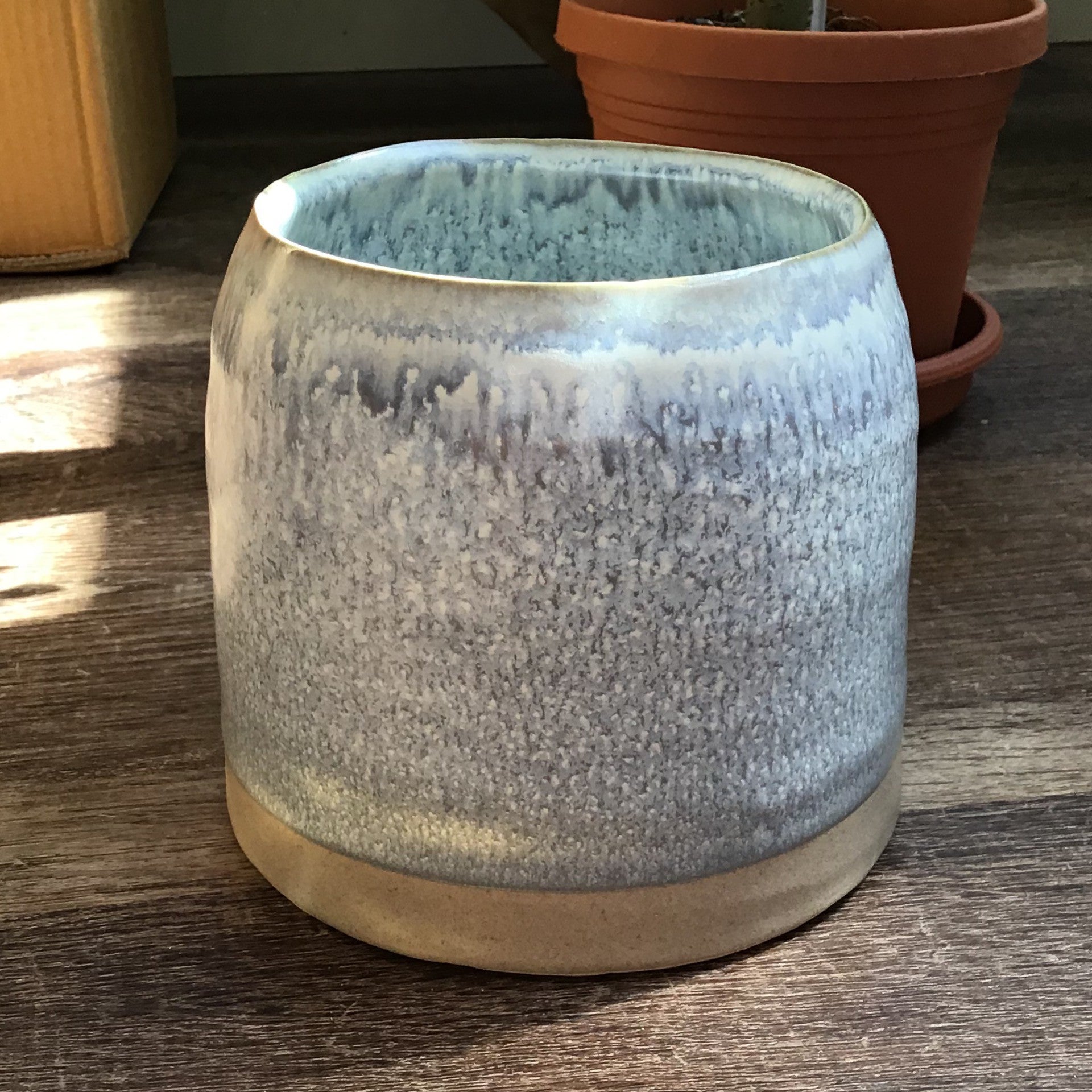 Blue Speckled Pot Matte W/ Natural Base 5.75 X 5